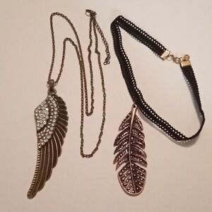 #1090. 2 Piece Rhinestone Angel Wing & Feather Choker Necklace Bundle